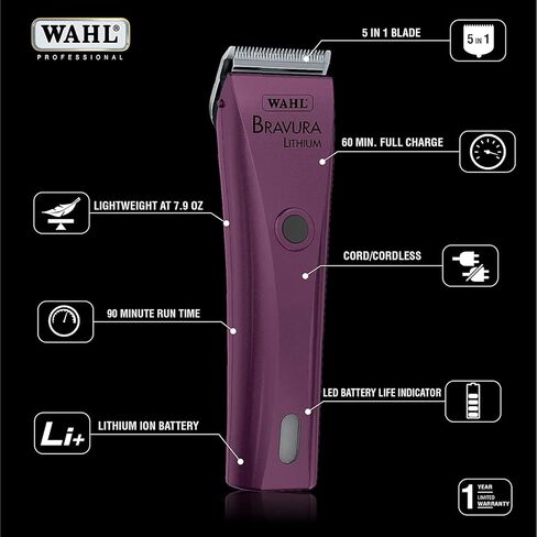 سلك محرك قوي من Wahl Professional Animal Bravura Lithium / طقم ماكينة قص الحيوانات الأليفة اللاسلكي (أرجواني) مع فرشاة شفرة in Kuwait