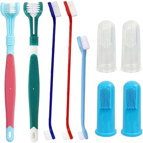 Dog Toothbrush Set, 2 Triple Head Pet Dog Toothbrushes 3 Double Head Toothbrushs 4 Finger Toothbrushes for Dog Cat Oral Dental Health, 9 Pack in Saudi Arabia