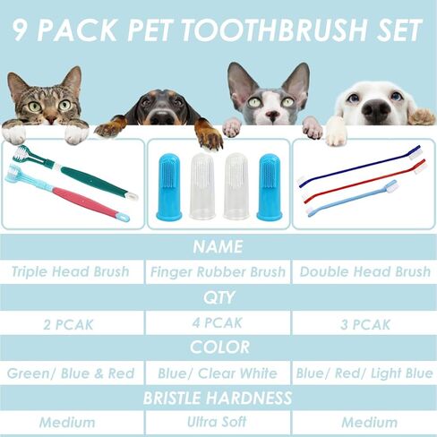 Dog Toothbrush Set, 2 Triple Head Pet Dog Toothbrushes 3 Double Head Toothbrushs 4 Finger Toothbrushes for Dog Cat Oral Dental Health, 9 Pack in Saudi Arabia