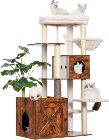 Cat Tree with Litter Box Enclosure, Large Wooden cat Tower cat condo for Indoor Cats with Play Garden (Leaf, Lawn, Hair Rubbers), Modern Cat House, Rustic Brown GCT110SR in Saudi Arabia