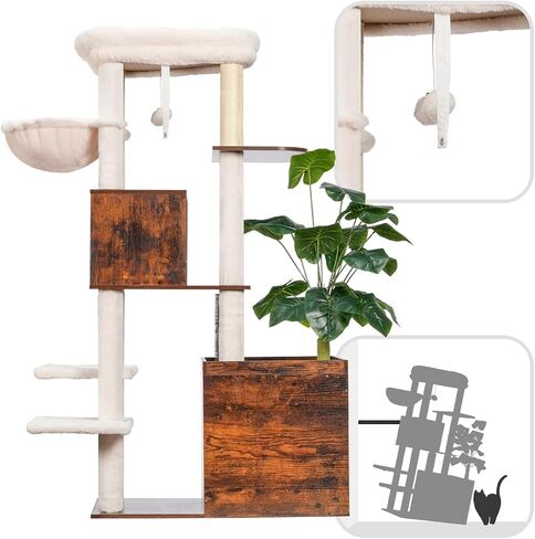 Cat Tree with Litter Box Enclosure, Large Wooden cat Tower cat condo for Indoor Cats with Play Garden (Leaf, Lawn, Hair Rubbers), Modern Cat House, Rustic Brown GCT110SR in Saudi Arabia