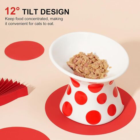YauYik Extra Wide Raised Cat Food Bowl, Elevated, Ceramic Tilted Feeding Bowl for Fat Faced Cat, Prevent Neck & Whisker Fatigue, Dishwasher and Microwave Safe (Red, 1 Pack) in Kuwait