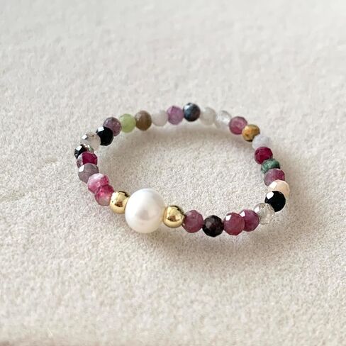 Handmade Natural Stone Freshwater Pearl Elastic Ring, Adjustable Elastic Rope,Suitable for Single or Stacked Wear, Anti Anxiety, Energy Boosting, Spiritual Resonance (Tourmaline) in Kuwait