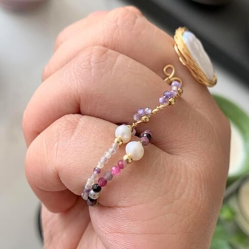 Handmade Natural Stone Freshwater Pearl Elastic Ring, Adjustable Elastic Rope,Suitable for Single or Stacked Wear, Anti Anxiety, Energy Boosting, Spiritual Resonance (Tourmaline) in Kuwait