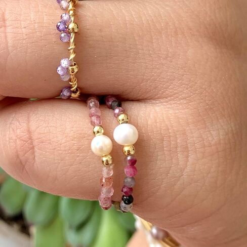 Handmade Natural Stone Freshwater Pearl Elastic Ring, Adjustable Elastic Rope,Suitable for Single or Stacked Wear, Anti Anxiety, Energy Boosting, Spiritual Resonance (Tourmaline) in Kuwait