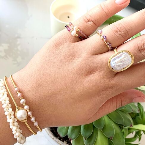 Handmade Natural Stone Freshwater Pearl Elastic Ring, Adjustable Elastic Rope,Suitable for Single or Stacked Wear, Anti Anxiety, Energy Boosting, Spiritual Resonance (Tourmaline) in Kuwait