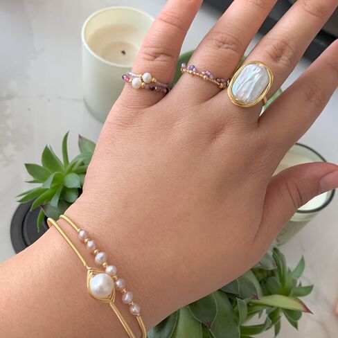 Handmade Natural Stone Freshwater Pearl Elastic Ring, Adjustable Elastic Rope,Suitable for Single or Stacked Wear, Anti Anxiety, Energy Boosting, Spiritual Resonance (Tourmaline) in Kuwait