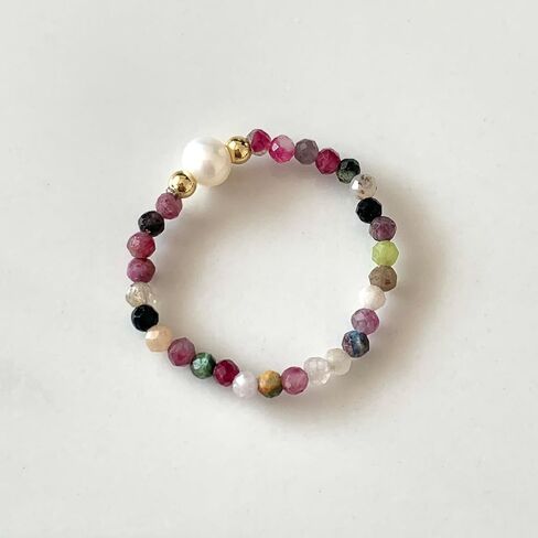 Handmade Natural Stone Freshwater Pearl Elastic Ring, Adjustable Elastic Rope,Suitable for Single or Stacked Wear, Anti Anxiety, Energy Boosting, Spiritual Resonance (Tourmaline) in Kuwait
