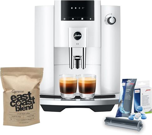 Jura E4 Automatic Coffee Machine (Piano White) with CLEARYL Smart+ Water Filtration, 6 Cleaning Tablets and East Coast Blend Whole Bean Coffee (4 Items) in Saudi Arabia