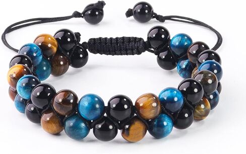 Triple Natural Stone Protection Bracelet, Tiger Eye Obsidian Hematite Protects Health and Brings Good Luck (8mm blue tiger eye tricolor) in Saudi Arabia
