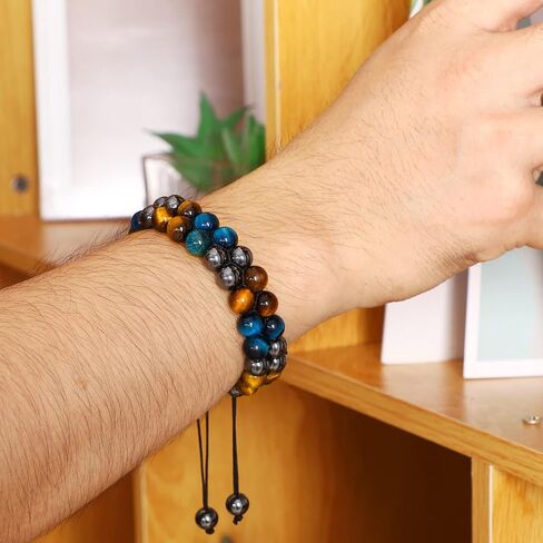 Triple Natural Stone Protection Bracelet, Tiger Eye Obsidian Hematite Protects Health and Brings Good Luck (8mm blue tiger eye tricolor) in Saudi Arabia
