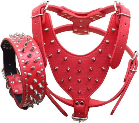 Serijoars Spiked Studded PU Leather Dog Harness Collar Set for Large Breed Pit Bull Bully Husky Terrier (Studs Hot Pink, XL) in Saudi Arabia