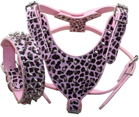 Serijoars Spiked Studded PU Leather Dog Harness Collar Set for Large Breed Pit Bull Bully Husky Terrier (Studs Hot Pink, XL) in Saudi Arabia