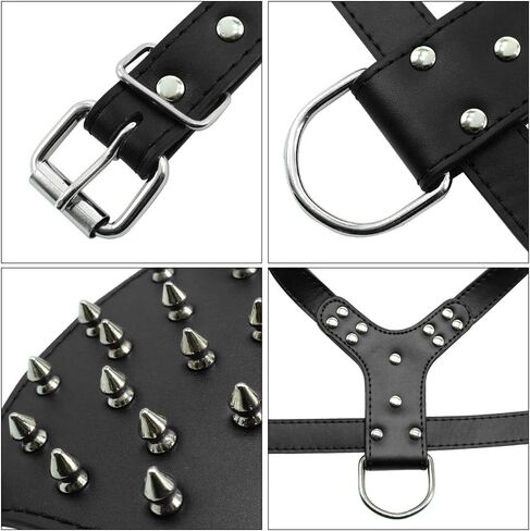 Serijoars Spiked Studded PU Leather Dog Harness Collar Set for Large Breed Pit Bull Bully Husky Terrier (Studs Hot Pink, XL) in Saudi Arabia