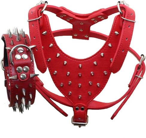 Serijoars Spiked Studded PU Leather Dog Harness Collar Set for Large Breed Pit Bull Bully Husky Terrier (Studs Hot Pink, XL) in Saudi Arabia