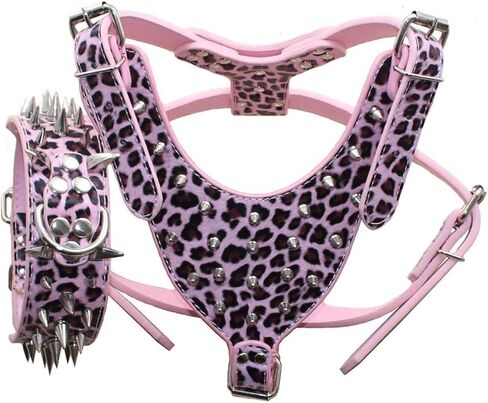 Serijoars Spiked Studded PU Leather Dog Harness Collar Set for Large Breed Pit Bull Bully Husky Terrier (Studs Hot Pink, XL) in Saudi Arabia