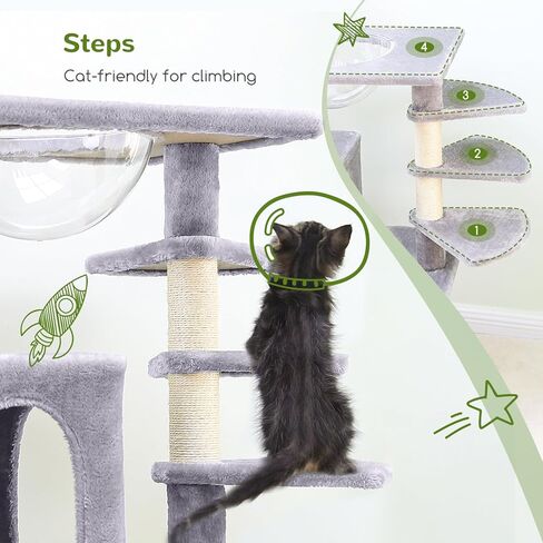 عمود خدش شجرة القطط F57، خصيصًا للقطط الشجاعة، برج شجرة القطط بطول 57 بوصة، نفق، عش كبسولة الفضاء، لوح خدش السيزال، مسكن القطط، مساحة صغيرة لشجرة القطط، رمادي فاتح in Kuwait