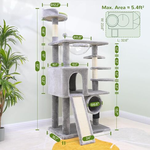 عمود خدش شجرة القطط F57، خصيصًا للقطط الشجاعة، برج شجرة القطط بطول 57 بوصة، نفق، عش كبسولة الفضاء، لوح خدش السيزال، مسكن القطط، مساحة صغيرة لشجرة القطط، رمادي فاتح in Kuwait