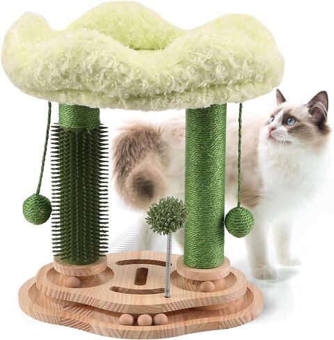 Cat Scratching Post with Bed,Small Cat Tree for Kittens and Small Cats,Cat Self Groomer with 3-Tier Wood Base,Removable Bed,Groomer Brush,Natural Sisal,2*Dangling Balls,Interactive Ball Toys in Saudi Arabia