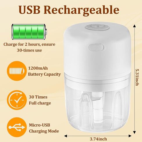 Electric Mini Garlic Chopper, Portable Veggie Chopper, 100＋250ML USB Portable Onion Chopper Electric For Ginger, Chili, Fruit, Meat (White) in Saudi Arabia