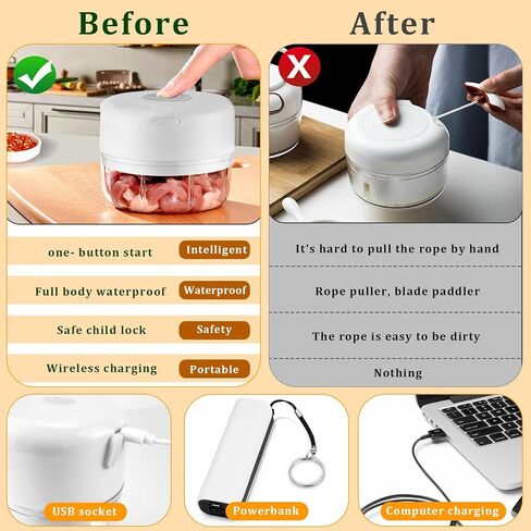 Electric Mini Garlic Chopper, Portable Veggie Chopper, 100＋250ML USB Portable Onion Chopper Electric For Ginger, Chili, Fruit, Meat (White) in Saudi Arabia