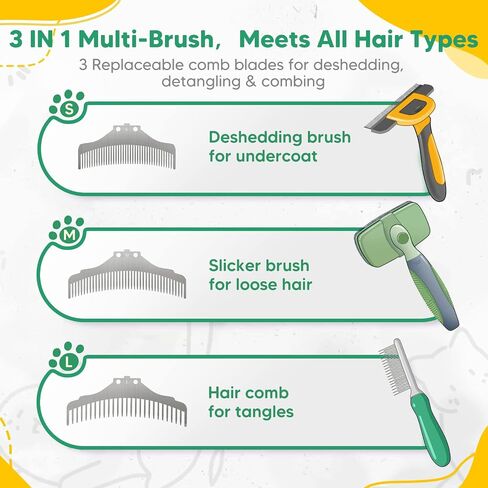 Cat Brush for Shedding - 3 in 1 Cat Hair Brush for Indoor Cats with 3 Replaceable Combs - Cat Grooming Brush for Long or Short Haired Cats - Deshedding Brush for Tangles Loose Fur - Green in Saudi Arabia