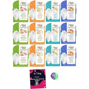 Purina Purely Fancy Feast Appetizers Cat Treats Flavor Variety Sampler Bundle of 12 Containers, (1.1 Ounces Each) with a Bundle a Plastic Noisy Cat Toy Ball and WMB's Sticker.