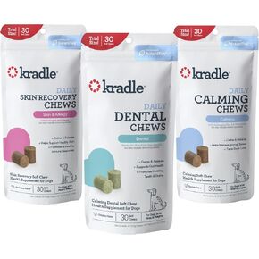 Kradle Soft Chew Variety Pack of 3 - Daily Dental Bones, Skin Health Chews & Stress-Relief Support for Dogs - Calming Chews with Soothing Ingredients - for All Dog Breed & Sizes - 30 Chews, 3 Pack