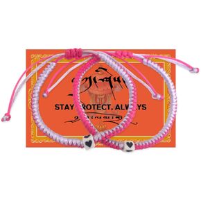 Tibetan Handmade Lucky Bracelet, Red String Bracelet, Authentic Blessed Tibetan Monks Handmade Dorje Knot Protection Bracelet for Women and Men With a Talisman (Pink+Silver and Heart - 2pcs)