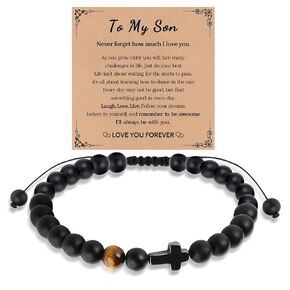 Handmade Bracelet Gifts for Men Boys,Cross Bracelet for Son Grandson Dad,Natural Stone Cross Beaded Bracelet,Adjustable Charm Bracelet Birthday Anniversary Gifts (To My Son)