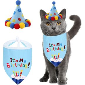 Petyoung Pet Cat Dog Happy Birthday Bandana Scarfs and Cute Party Hat for Girls Boys,Cat Birthday Gift Decorations Set with Soft Scarf & Adorable Hat