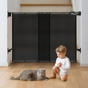 Babelio 26-43" No Bottom Bar Baby Gate for Stairs, Mesh Dog Gate with Large Walk Thru Door, One-Handed Open, Auto-Closing, 2-in-1 Hardware Mount Safety Pet Gate for Doorways and Hallways, Black