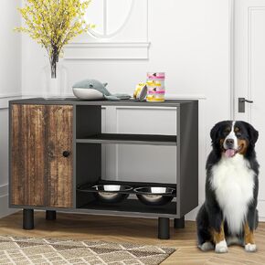Rovibek Dog Food Storage Cabinet with 2 Raised Dog Bowls, Dog Food Cabinet Feeding Station with Tilt Out Dog Food Storage Cabinet, Pet Feeding Station for 2 Dogs, Dog Food Storage Container, Black