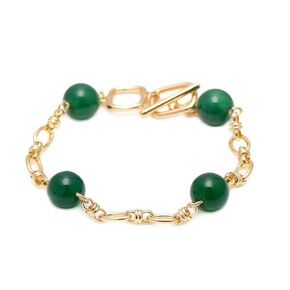Paialco 14K Yellow Gold Flashed Fancy Link Chain Beads Bracelet, Green Agate / 8 Inches