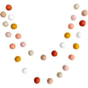 "BoHo Rainbow" Handmade Wool Felt Ball Garland by Sheep Farm Felt- Coral, Peach, Cream, Blush, Apricot, Mustard, Ivory Pom Pom Garland. Adjustable spacing. 7 feet long. 28 one-inch felt balls in Saudi Arabia