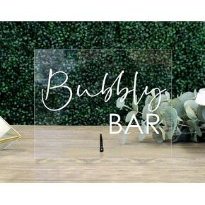 1801&Co. Wedding Event Acrylic Bubbly Bar Table Sign 8"x10", Bridal Shower Champagne Bar Mimosa Bar Mom-osa champagne bar display sign, event decor, Clear Acrylic White Text