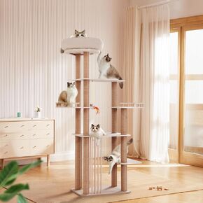 Choc chick Cat Tree for Indoor Cats Large Adult, 68 Inches Tall Multi Level Cat Tower with Scratching Post Sisal-Covered, Modern Wood Cat Tree Plush Cattery Chirping Bird Cat Toy