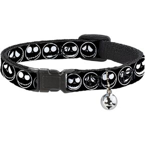 Disney Cat Collar, Breakaway Collar with Bell, The Nightmare Before Christmas Jack Expressions Black White, 8.5 to 12 Inches 0.5 Inch Wide