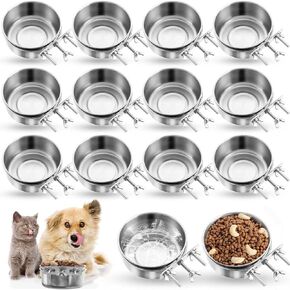 14 Pcs Pet Dog Food Water Bowl Hanging Stainless Steel Bowls with Clamp Holder Detectable Cats Dog Crate Water Bowl Non Spill Metal Feeder for Cage Kennel (4.72 x 1.97 Inch)