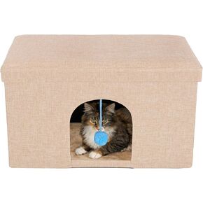 Furhaven Pet House for Indoor Cats & Medium/Small Dogs, Collapsible & Foldable w/Plush Ball Toy - Living Room Ottoman Cat Condo - Sand, Large