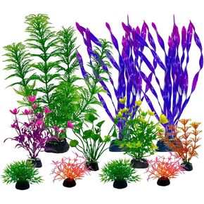 11 Pieces Colorful Artificial Fish Tank Decorations, Aquarium Decorations Fish Tank Purple and Green Artificial Plastic Plants, Small to Large (4-8Inch)