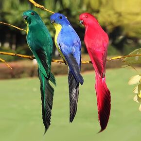 LWINGFLYER 3pcs Colorful Fake Feather Parrot Ornaments Clip on Artificial Bird for Christmas Tree Decoration Modern Home Garden Zoo Decor (Red Blue Green)