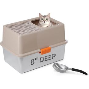 صندوق فضلات القطط من الفولاذ المقاوم للصدأ من MEEXPAWS، مدخل علوي مقاس XL كبير مع غطاء، صندوق فضلات القطط المعدني عالي الجانب مقاس 8 بوصات للقطط الكبيرة، غطاء علوي بفتحة، غير لاصق، سهل التنظيف، يتضمن مغرفة القمامة