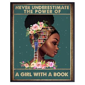 Inspirational African American Wall Art & Decor - Motivational Classroom Decor - Black Art- Black Woman Poster - African American Girl, Women - Never Underestimate a Girl With a Book - Positive Quotes
