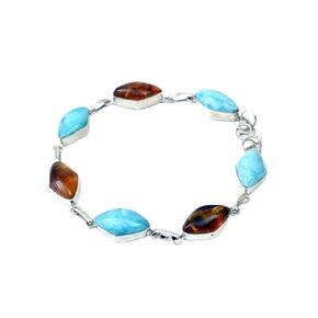 "Exclusive 925 Sterling Silver Bracelet with Natural Larimar and Amber, 8 Inches of Handcrafted Elegance"