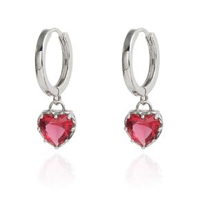 Mini Heart Earrings Dangling 925 Sterling Silver Garnet Red Heart Solitaire Huggie Hoop Earrings