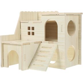 Wooden Hamster Hideout Castle Multi-Chamber Habitat Wooden Hide Hut with Climbing Ladder Pet Hideout for Guinea Pig Chinchillas Hamsters Guinea Pigs Small Animal Cage Accessories