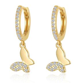 Dangle Huggie Hoop Earrings for Women Girls, Dainty Cubic Zirconia Small Hoop Earrings with Butterfly Drop, Jewelry Gift for Girls and Ladies