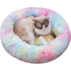 Dog Bed for Indoor, Faux Fur Calming Dog & Cat Bed 24' Anti-Anxiety Donut Soft Plush Cushion for Small Medium Dogs & Cats with Slip-Resistant Bottom (Grey+White)
