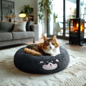 Veehoo Donut Calming Cat Dog Bed for Small Dogs Cat-Round Cute Small Cat Bed Pet Bed, Washable Plush Cuddler Puppy Bed-Fluffy Kitten Bed with Removable Cover&Non-Slip Bottom 20" Light Grey